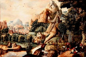 Eine Landschaft mit Affen und Menschen und einer mythischen Stadt im Hintergrund
