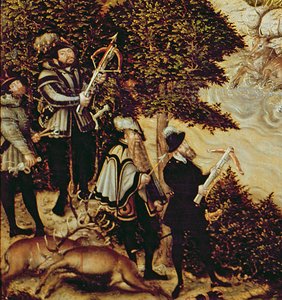 Johann Friedrich der Großmütige, Kurfürst von Sachsen und Kaiser Karl V. jagen Hirsche in der Nähe von Schloss Hartenfels, Torgau, 1544 (Detail)