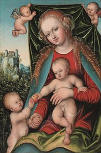 Die Heilige Jungfrau und das Kind mit dem kleinen Johannes dem Täufer und Engeln, eine Waldlandschaft mit einer Festung auf der Klippe im Hintergrund, ca. 1512
