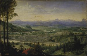 Ansicht von Linz mit Künstler im Vordergrund, 1593