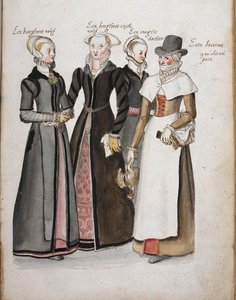 Vier Engländerinnen in der Kleidung der elisabethanischen Ära: eine Frau eines Bürgers von London, eine Frau eines wohlhabenden Bürgers von London, eine Tochter der Frau des Bürgers von London und eine Landfrau, 