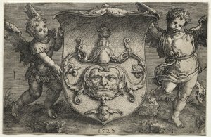 Ein Schild mit einer Maske, unterstützt von zwei Genien