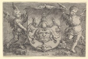 Wappen mit einer Maske, gehalten von zwei Genien, 1527