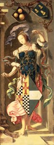 Die Heilung des Blinden von Jericho, rechte Seitenwand des Triptychons, das ein junges Mädchen mit dem Wappen des Patrons zeigt, 1531