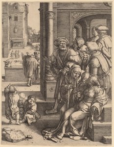 Der Dichter Virgil in einem Korb aufgehängt