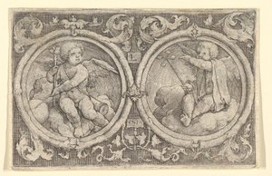 Zwei Putti, die in Wolken in Kreisen mit Ranken sitzen, 1517