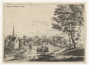 Blick auf ein Dorf mit einem Planwagen