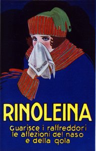 Werbung für das Medikament Rinoleina gegen Erkältungen, Halsschmerzen und Husten. Illustration von Lucien Achille Mauzan (1883 - 1952). von Luciano Achille Mauzan