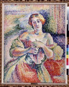 Frau in Rosa und Blau. Junge Elegante mit entblößter Schulter. Gemälde von Lucie Cousturier (1870-1925). 1908. Sammlung Fondation Regards de Provence, Marseille