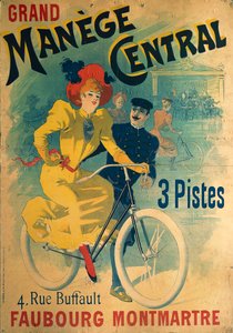 Grand Manege Central, Werbeplakat für Radrennbahn, Frau auf Fahrrad darstellend von Lucien Baylac
