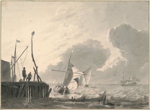 Hafen am Meer bei aufziehendem Gewitter von Ludolf Bakhuizen