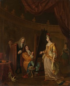 Ein Künstler in seinem Atelier, der das Porträt einer Dame malt von Ludolf Bakhuysen