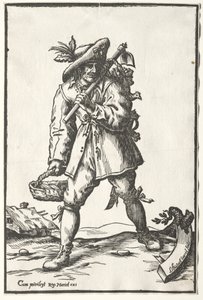 Bauer mit Hacke, Korb und Henne