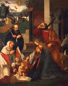 Geburt Christi mit St. Bernhard und St. Alberico, ca. 1505-1510, von Ludovico Mazzolino (ca. 1480-ca. 1530) von Ludovico Mazzolino