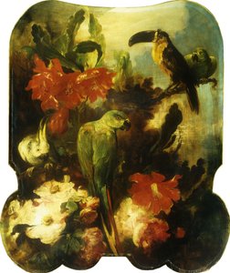 Exotische Vögel und Blumen