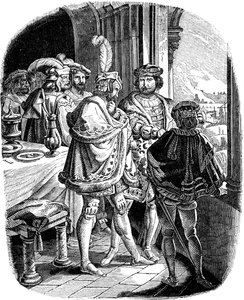 Mahlzeit von Friedrich I. im Heidelberger Schloss 1462 Illustration aus der Geschichte des deutschen Volkes von E. Duller, 1840 von Ludwig Adrian Richter