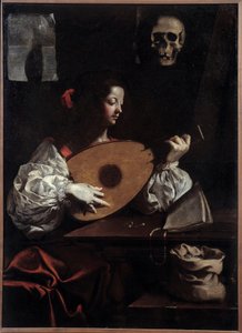 Lautenspieler. Gemälde (Vanitas) von Luigi Miradori (17. Jahrhundert)