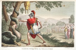 Jason schläfert den Drachen ein oder Gianone erobert das Goldene Vlies, Buch VII, Illustration aus Ovids Metamorphosen, Florenz, 1832 von Luigi Ademollo