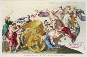 Phaeton fährt den Sonnenwagen oder Fetonte Monta il Carro del Sole, Buch II, Illustration aus Ovids Metamorphosen, Florenz, 1832 von Luigi Ademollo