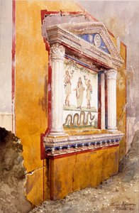 Lararium des Familienaltars, nach der Ausgrabung in situ gesehen, Haus von Aulus Vettius, Pompeji, ca. 36-39 n. Chr., 1895