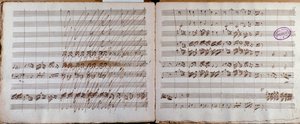 Doppelseite, signiert vom Autor der Partitur für das Konzert für Cello und Orchester in Es-Dur von Luigi Boccherini