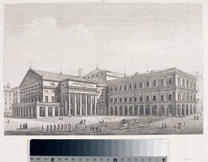 Ansicht des Carlo Felice Theaters und des Palastes der Akademie in Genua (Radierung) von Luigi Garibbo