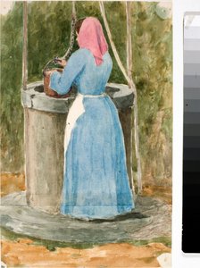 Frau des Volkes schöpft Wasser aus dem Brunnen