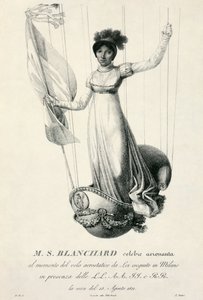 Porträt der französischen Ballonfahrerin Sophie Blanchard während ihres Fluges in Mailand, Italien, 1811