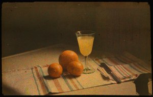 Stillleben-Farbphotographie von frischen Orangen und einem Glas Orangensaft