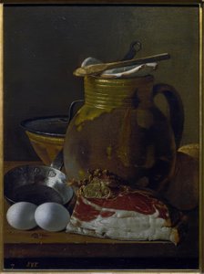 Stillleben mit Schinken, Eiern und Gefäßen
