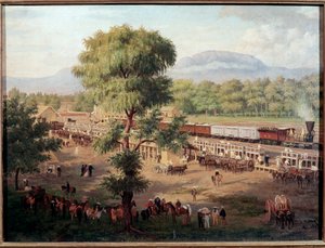 Ansicht der Eisenbahn im Tal von Mexiko. Gemälde von Luis Coto