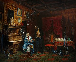Innenraum eines Antiquitätenzimmers mit mittelalterlichen Möbeln, ca. 1838-46