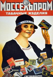 Plakat, das Mosselproms Tabakwaren bewirbt, zeigt den Star des Films Das Zigarettenmädchen von Mosselprom, 1927
