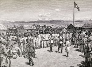 Sir Henry Morton Stanley spricht zu rebellischen Offizieren in Kavalli, 1890 von M. Schonberg