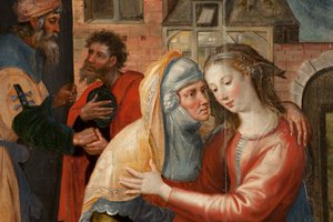 Anbetung der Könige, Triptychon, Linke Tafel: Leben der Heiligen Jungfrau (Detail) von Maarten de Vos