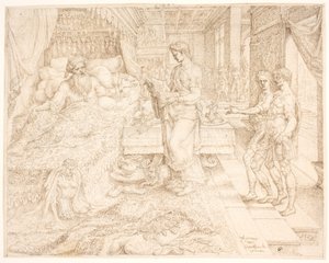 Ahasverus, als er nicht schlafen konnte, konsultiert die Aufzeichnungen von Maarten van Heemskerck
