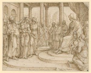 Du sollst nicht falsch Zeugnis reden wider deinen Nächsten. Susanna vor dem Richter, Vorzeichnung für Blatt 8 der "Zehn Gebote" von Maarten van Heemskerck