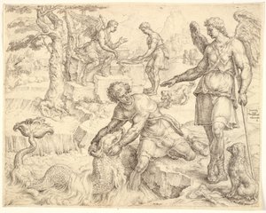 Tobias fängt den Fisch im Fluss Tigris von Maarten van Heemskerck