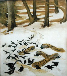 Vögel, die im Schnee fressen