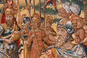 Diözesanmuseum. Flämischer Wandteppich. Brüssel. Atelier François Geubels. Serie Geschichte von Gideon. Die Israeliten übergeben Gideon ihren Anteil an der Beute. Seide und Wolle. Vermächtnis von Bischof von Maerten van Heemskerck