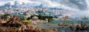 Panoramafantasie mit der Entführung der Helena, 1535 von Maerten van Heemskerck