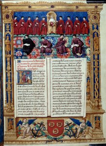 Der Rat der Zehn Der Doge ist in der Mitte. Seite aus einer Beschreibung oder befasst sich mit der Regierung und dem Regime der Stadt und Herrschaft Venedig, realisiert von Admiral Louis Malet de Graville, illuminiert vom Meister von Philip de Geldre (16. 