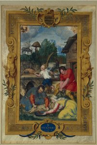 Kalenderseite für Dezember, Schweineschlachtung, aus einem Stundenbuch, ca. 1550-60