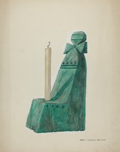 Bemalter Holzkerzenständer mit Rillen und Kreisen, ca. 1937