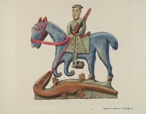 Sankt Georg und der Drache, aus einem Plankenabschnitt geschnitzt - bemalt, ca. 1938