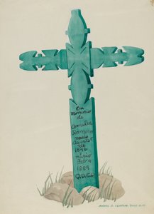 Holzkreuz, geschnitzt, als Grabstein verwendet, ca. 1937