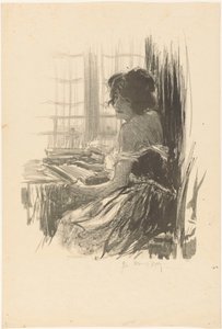 Lesende Frau hinter einem Tisch vor dem Fenster von Manuel Robbe (signed by artist)