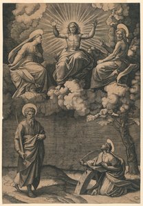 Jesus Christus, die Jungfrau und Johannes der Täufer mit den Heiligen Paulus und Katharina von Marc Antonio Raimondi