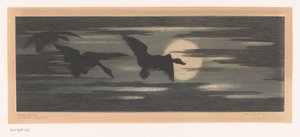 Drei Enten ziehen entlang des Sonnenuntergangs von Marc Henry Meunier (attributed to)