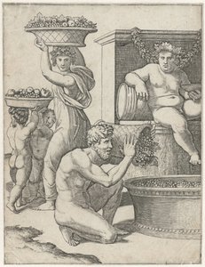 Bacchus schaut zu, wie ein Mann und eine Frau und zwei Kinder Körbe mit Trauben für die Weinherstellung tragen von Marcantonio Raimondi